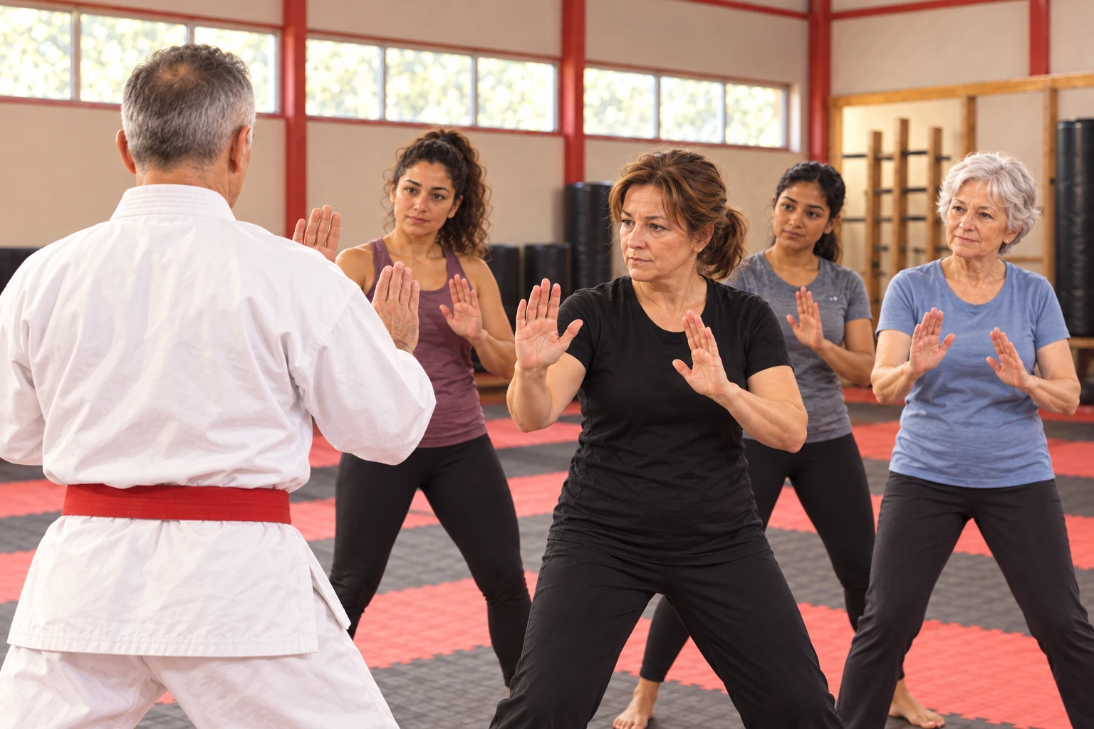 AI-generated illustration of Albert Mady seen from behind teaching self-defence to women of different ages