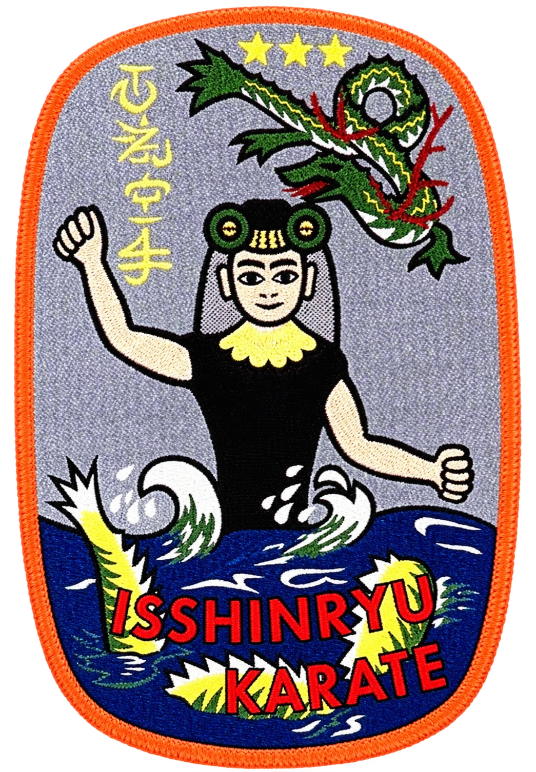 Isshinryu karate patch with the Mizugami emblem and an orange border