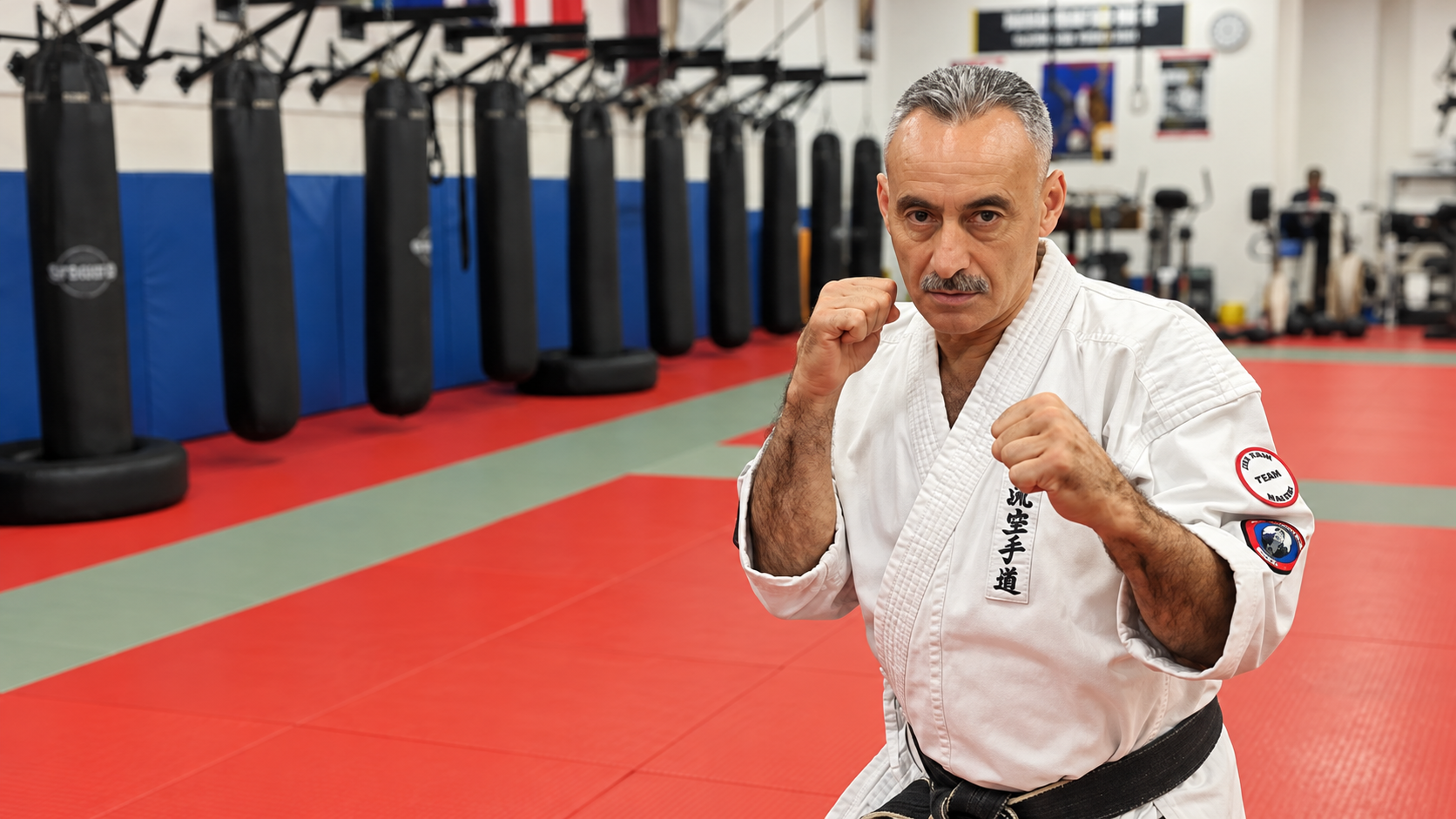 Albert Mady in a fighting stance at the Windsor dojo